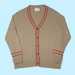 Vintage Thane Mens Tan Beige Red Stripe Cable Knit Cardigan Sweater Size M